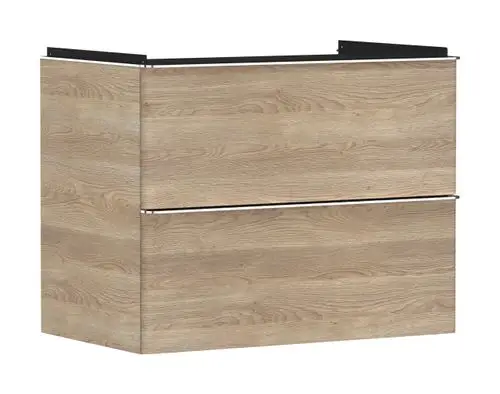 Waschtischunterschrank mit zwei Schubkästen in Holzoptik, hergestellt von Hansgrohe. Der Korpus zeigt eine natürliche Eichenstruktur und hat eine gerade Form.